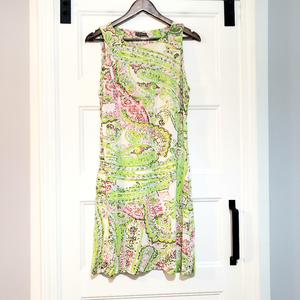 Pangea Italy Women L Paisley Print Sleeveless Stretch Fitted Mini Dress Colorful